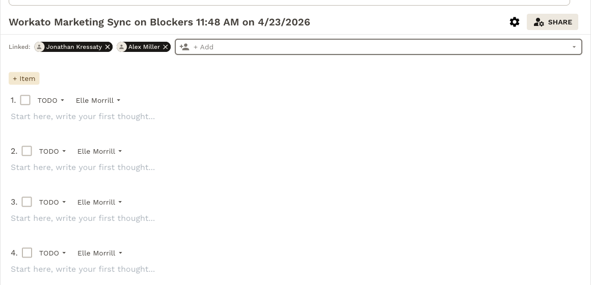 The Linked People row at the top of a Groupthink agenda, showing two contacts attached to the meeting as chips