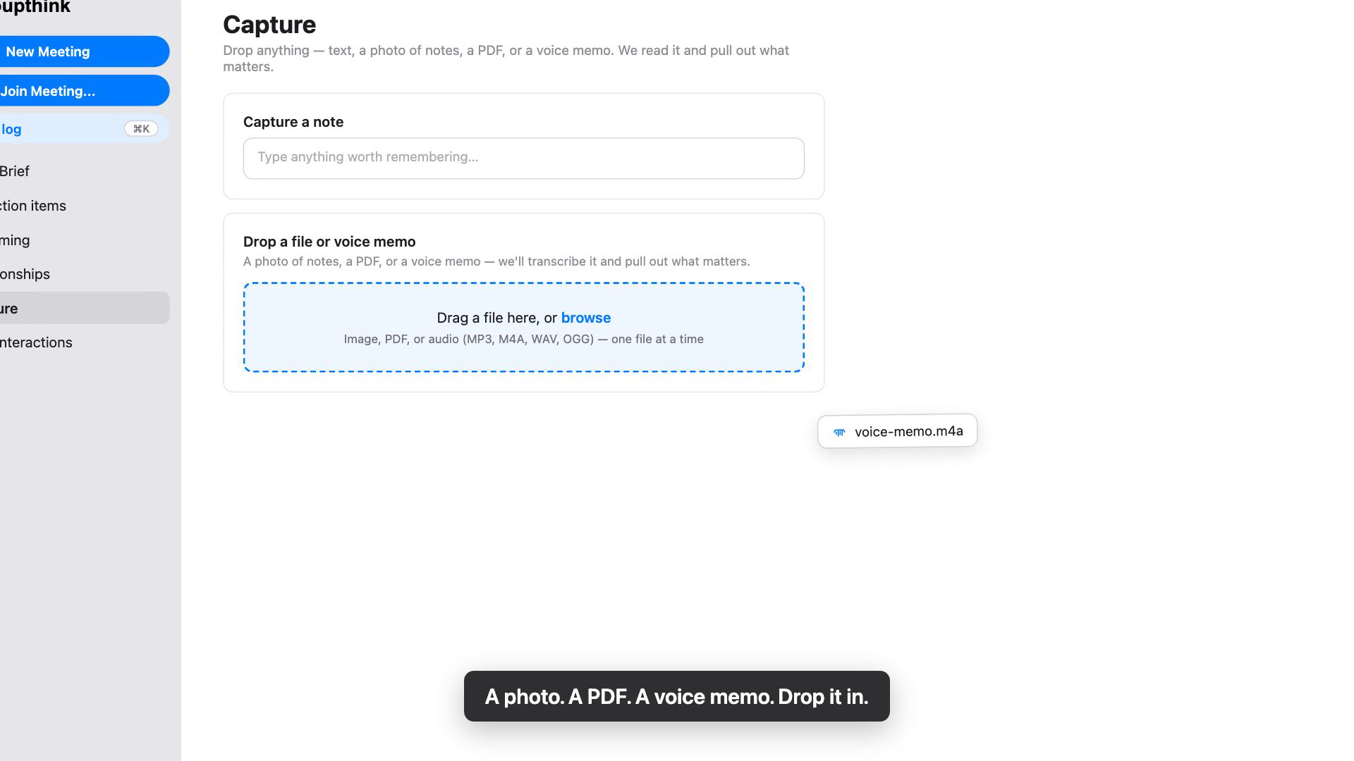 The Capture page: drop a photo or PDF