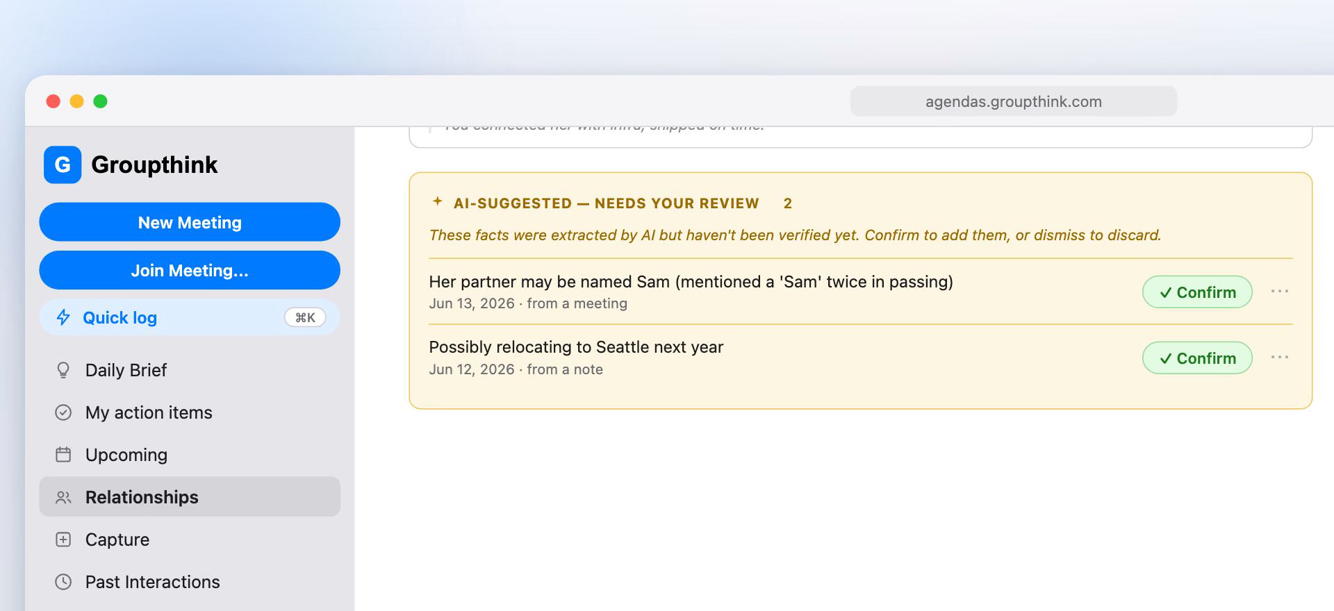 AI-suggested facts wait in their own review tier, separate from the verified record