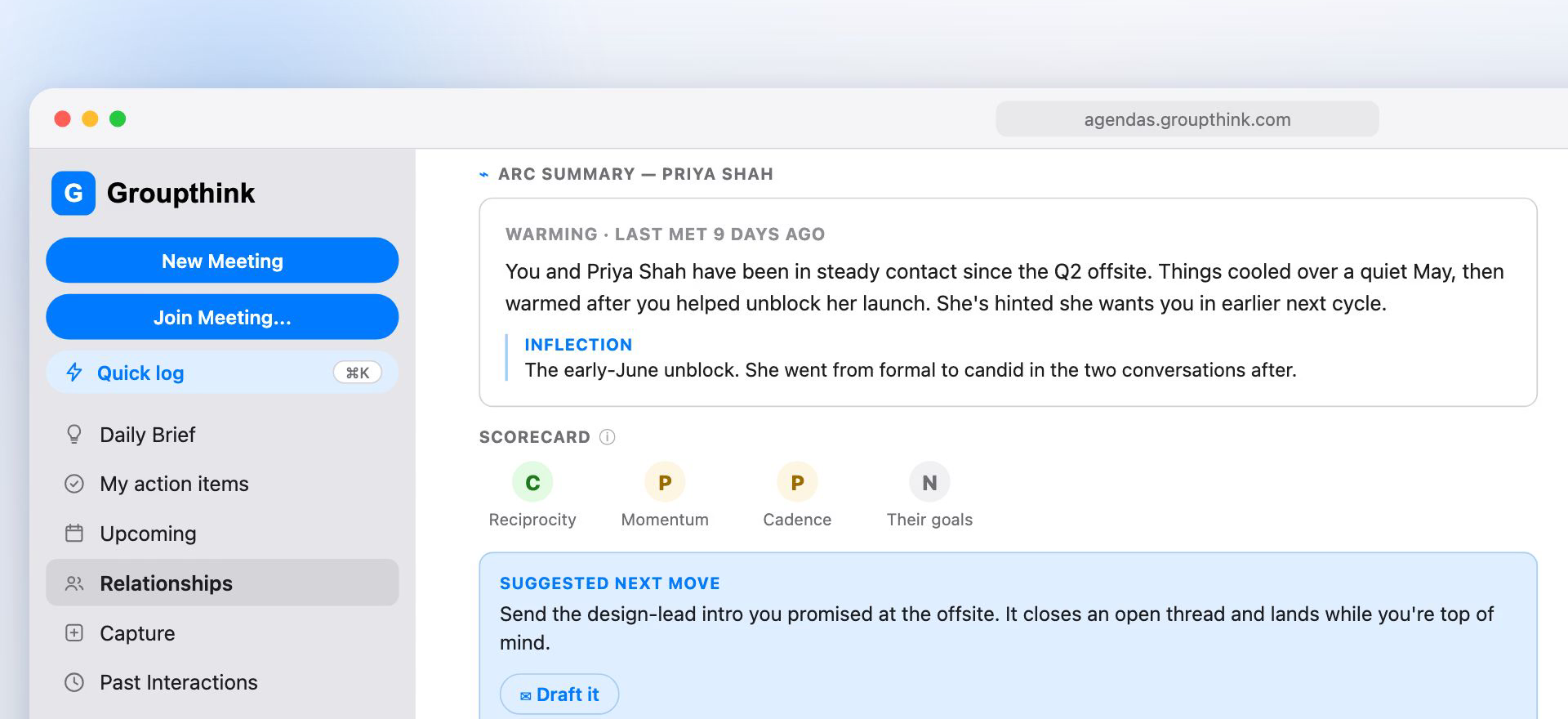 The arc summary: status, inflection, scorecard, and the next move