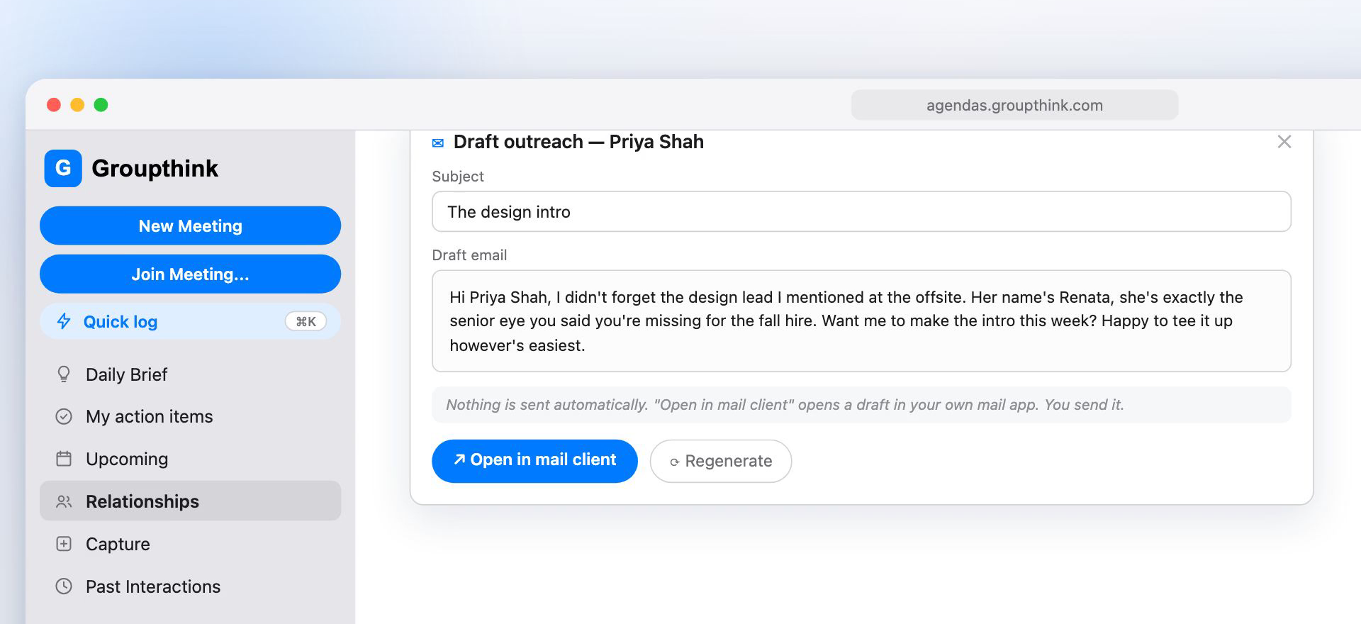 Draft outreach: a ready email from the real context, in your own mail client