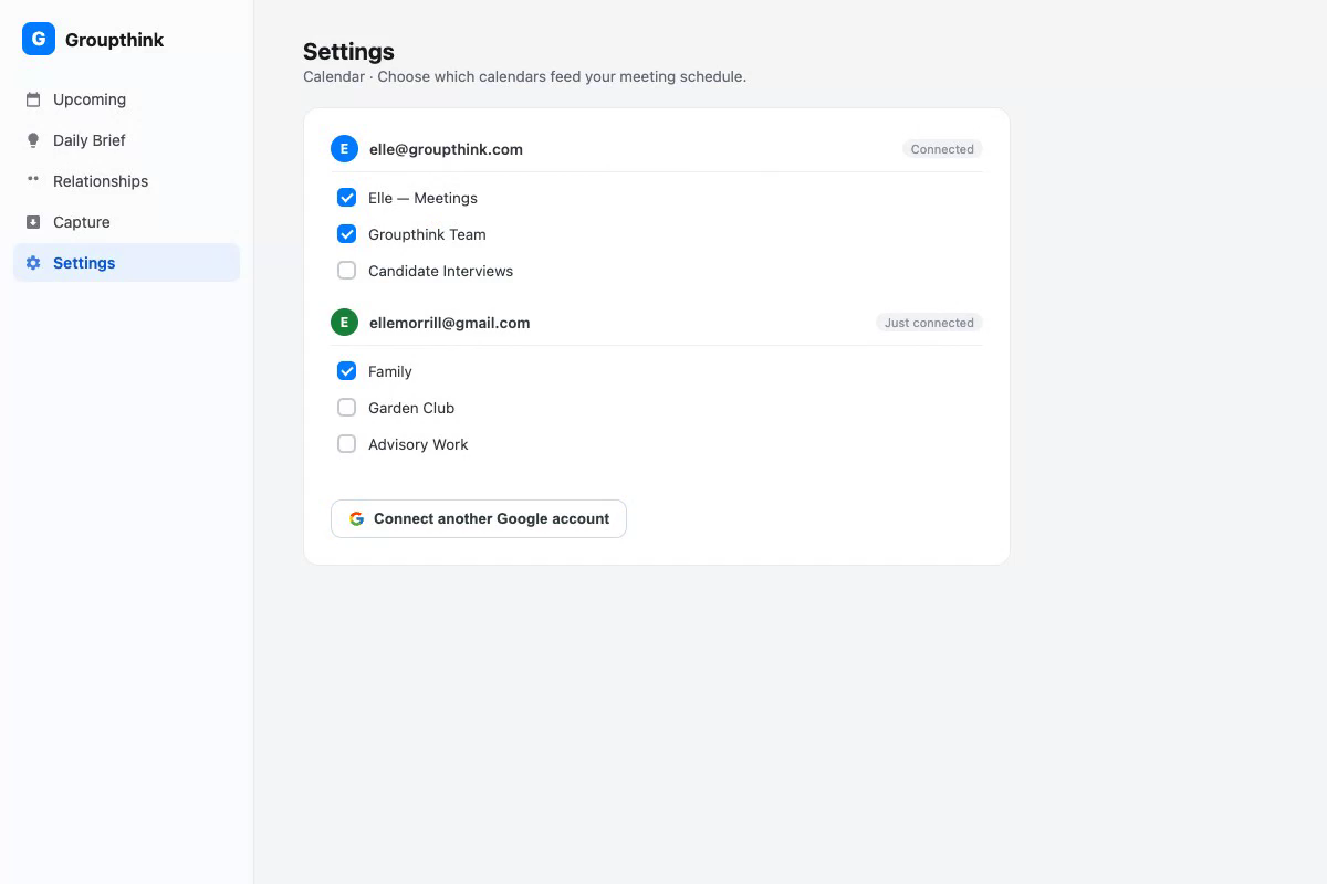 Groupthink calendar settings showing calendars grouped under two Google accounts, work and personal, with a Connect another Google account button