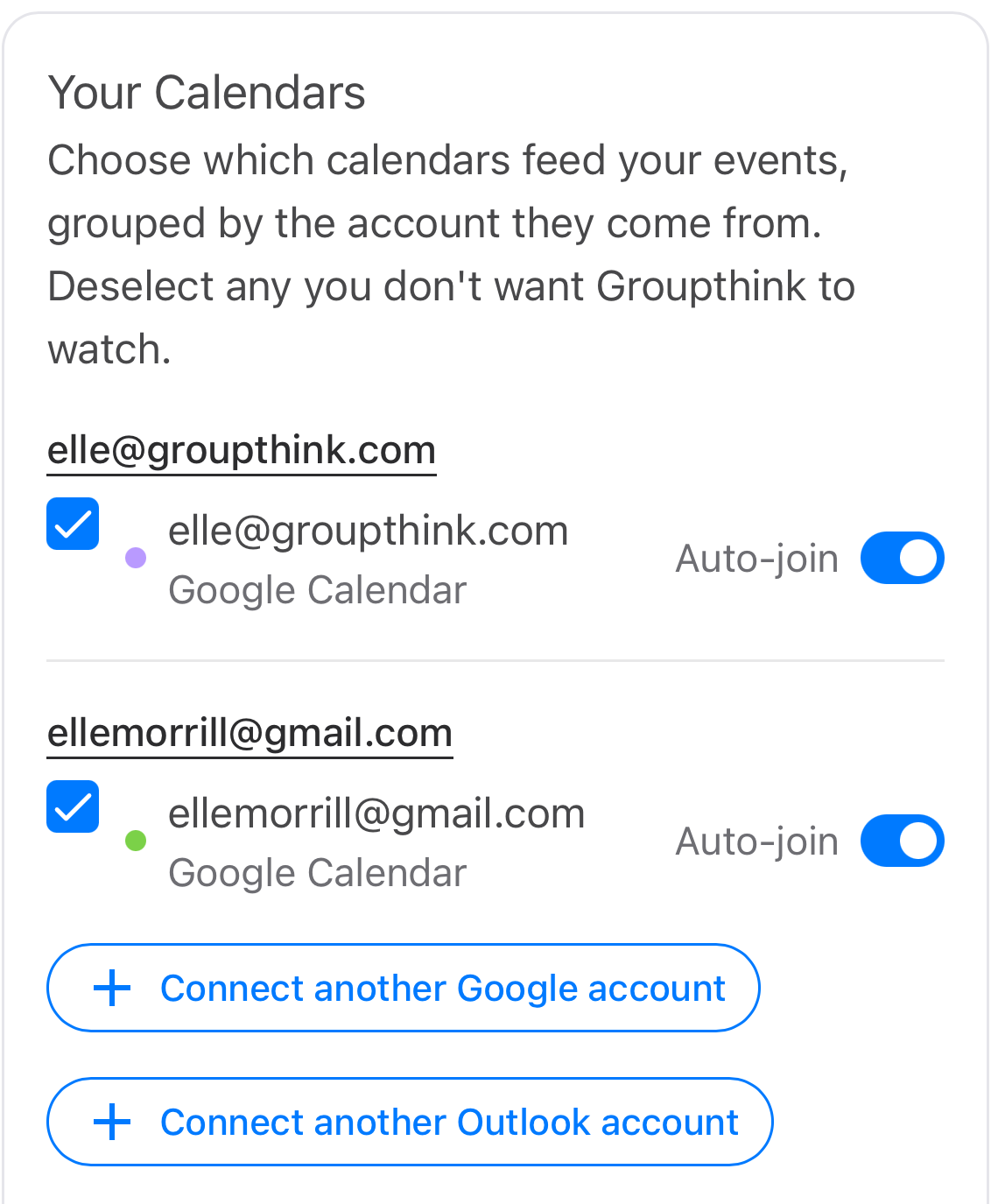 The Your Calendars list, grouped by account, with a connect button for another Google or Outlook account