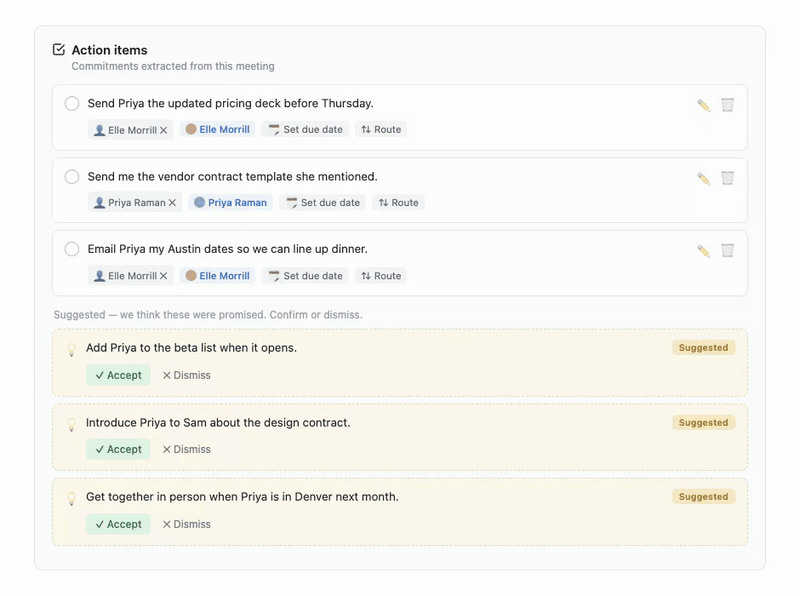 Three confirmed commitments above three suggestions, with one suggestion being accepted into the list.