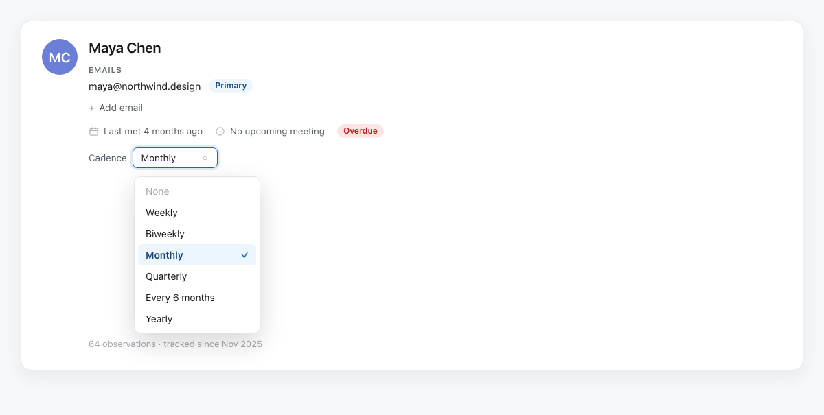 The Cadence control on a person’s page, open on the list of check-in frequencies