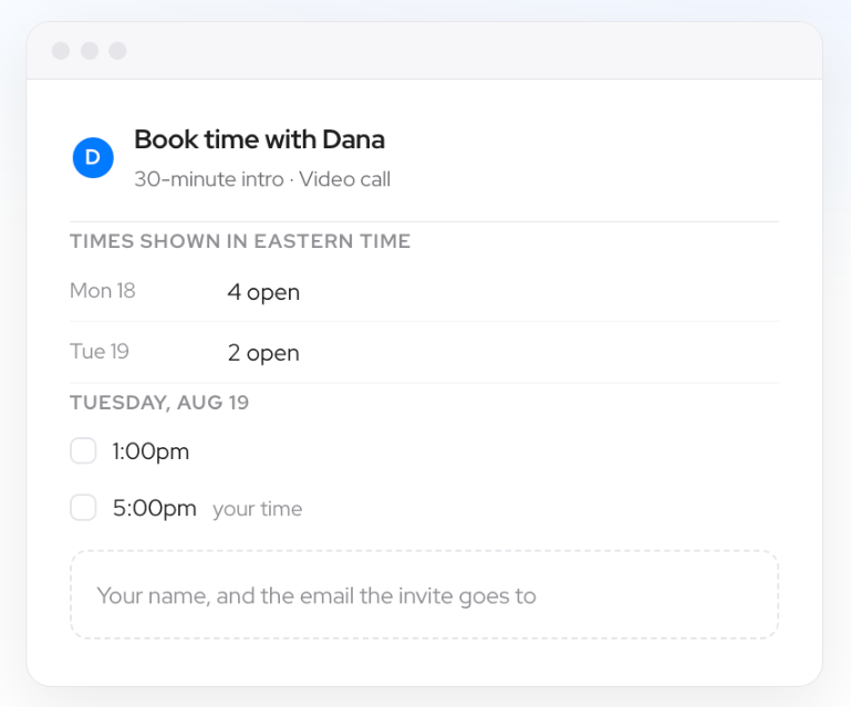 The public booking page for a 30 minute intro, showing open times in the visitor’s timezone