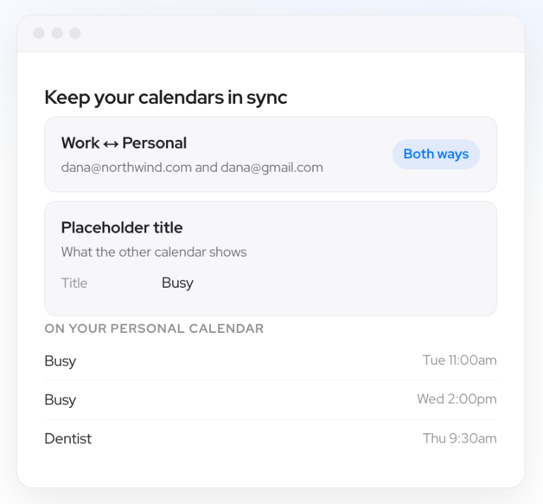 Two connected calendars paired in Settings, with a masked placeholder on the receiving calendar