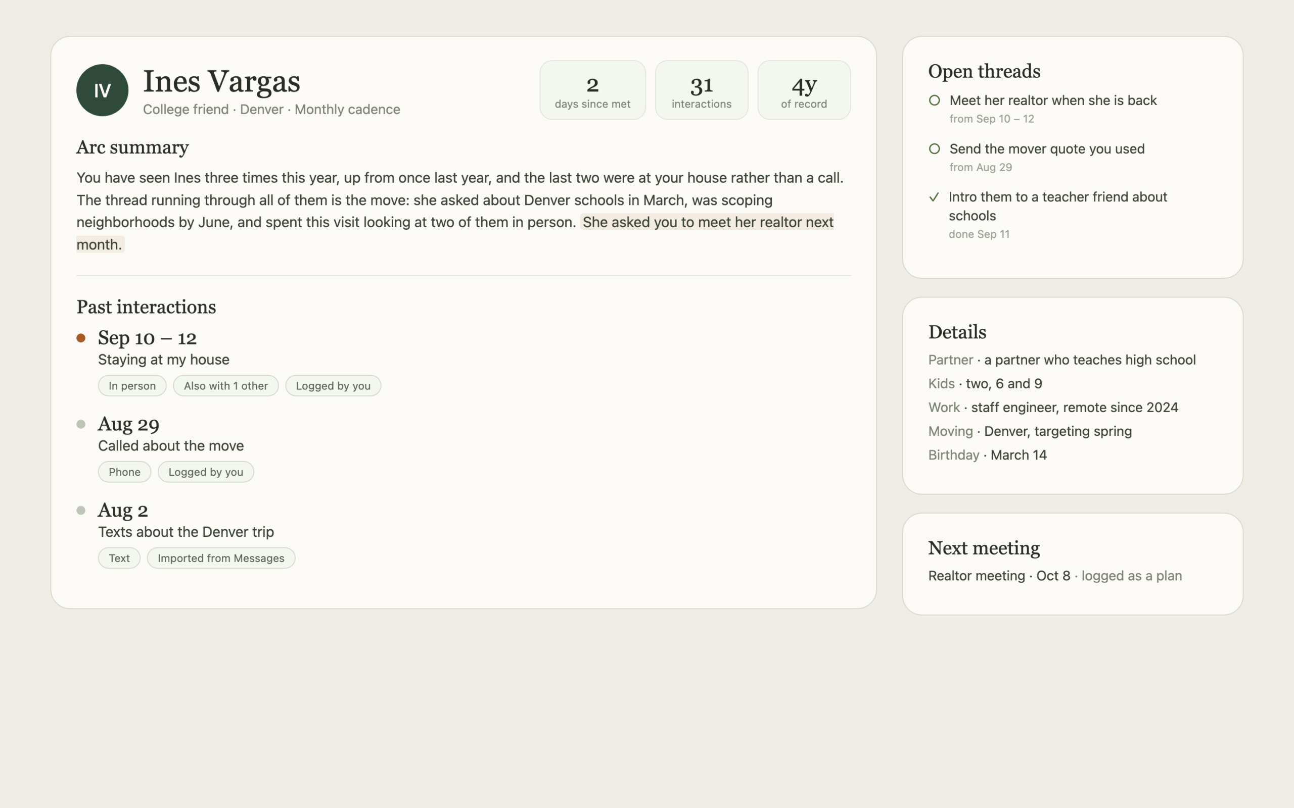 A contact’s page showing an arc summary, past interactions including a Sep 10 to 12 visit, and open threads