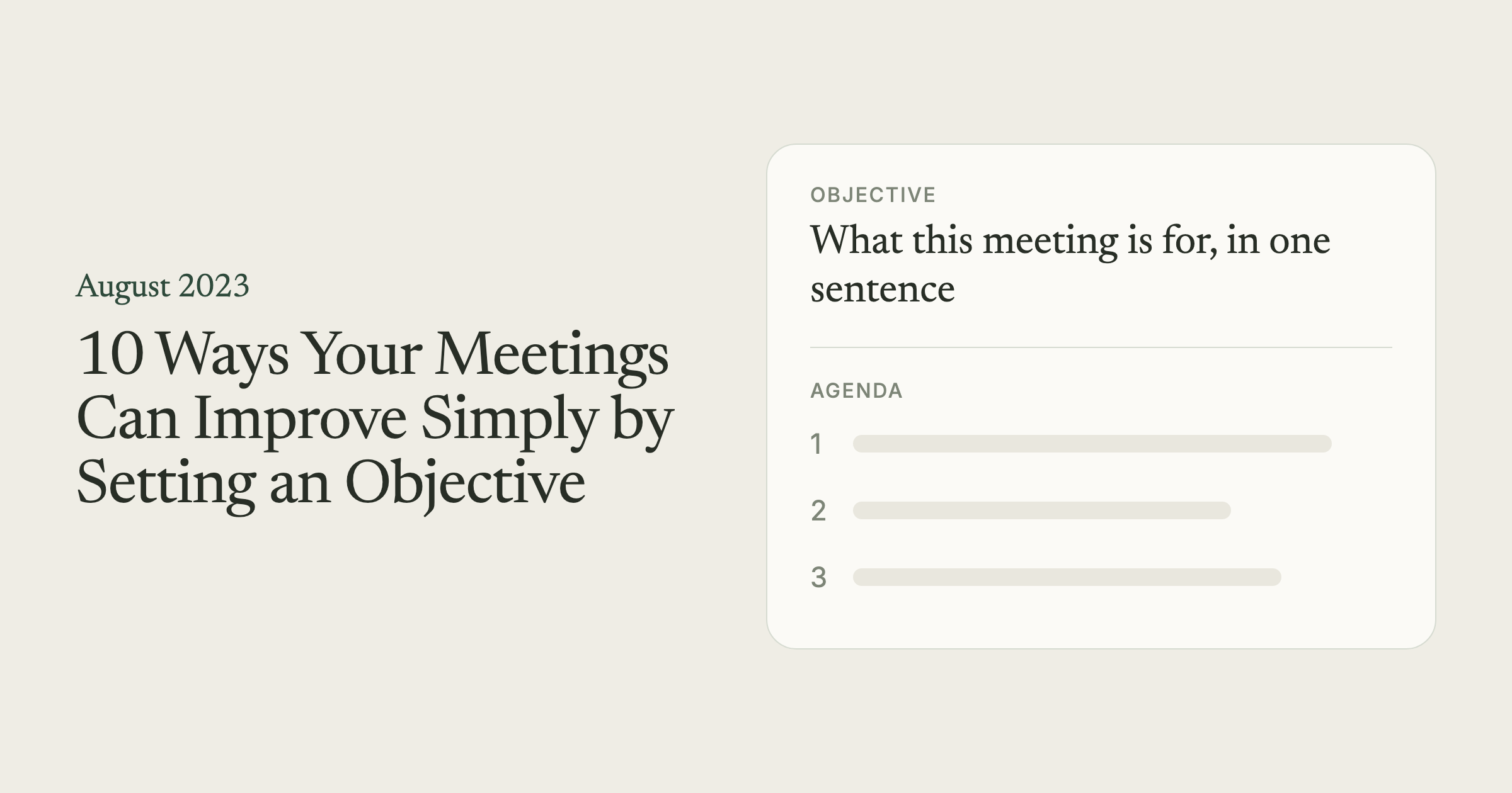 A cream card with the post title beside a sketch of an agenda that has an objective line above three blank items.