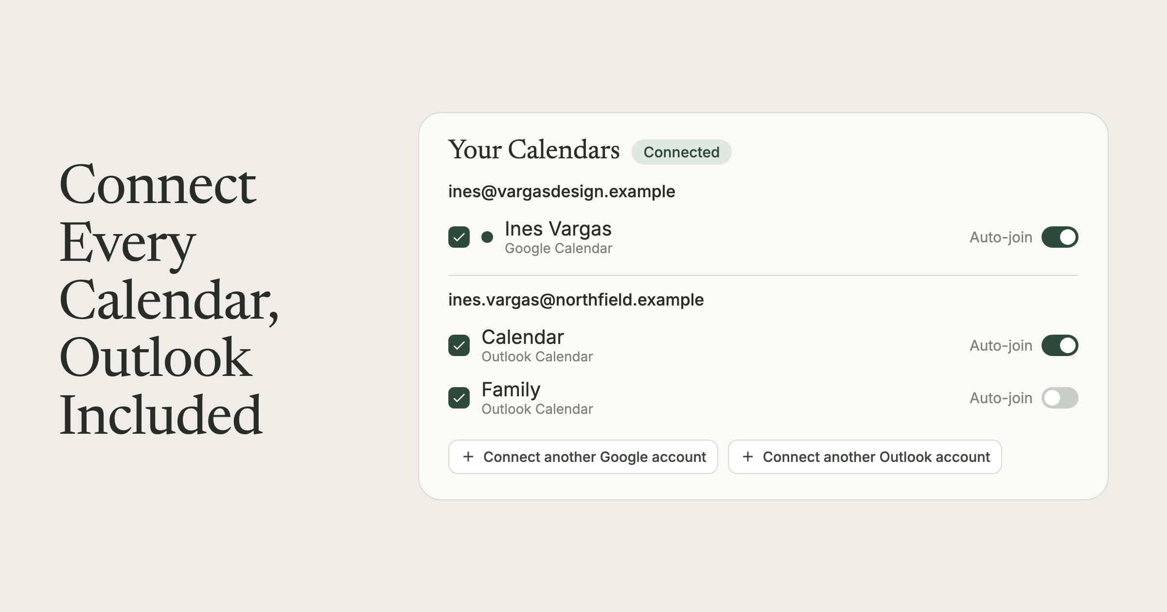 A card headed "Connect Every Calendar, Outlook Included" beside a calendar list showing one Google account and one Outlook account, each calendar with its own Auto-join switch.